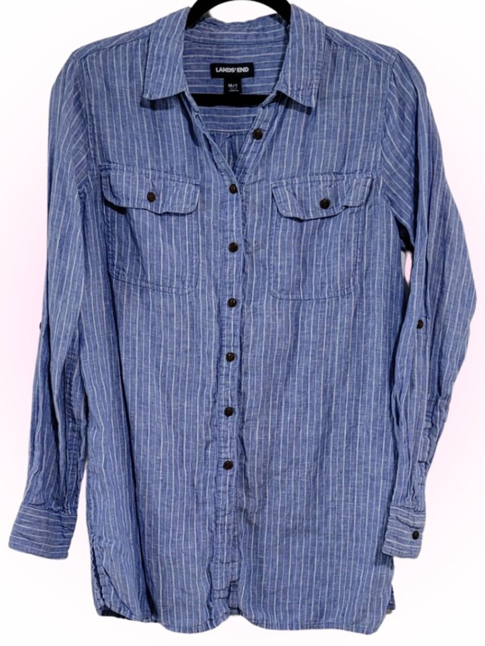 COMFY LINEN STRIPED WOMEN'S BUTTON-DOWN SHIRT EUC M/T M